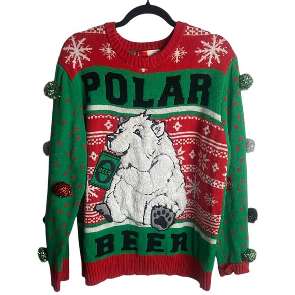 Spencer's Workshop Ugly Christmas Sweater Adult Xl Polar Beer Festive Tacky Poms - Picture 1 of 7